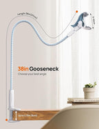 Gooseneck Phone Holder for Bed - [Upgrade Nylon Braid] 38” Flexible Lazy Arm Clip, 360 Adjustable Overhead Phone Mount for iPhone 16 15 14 13 12 11 Pro Max Mini Plus, 4-7" Cellphone - White