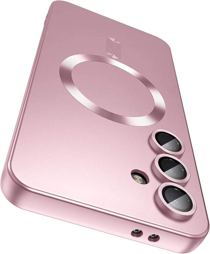 Magnetic for Samsung Galaxy S24 Plus Case [Compatible with MagSafe][Built-in Camera Lens Protector] Slim Soft Silicone Bumper Shockproof Metallic Luster Phone Case (Rose Gold)