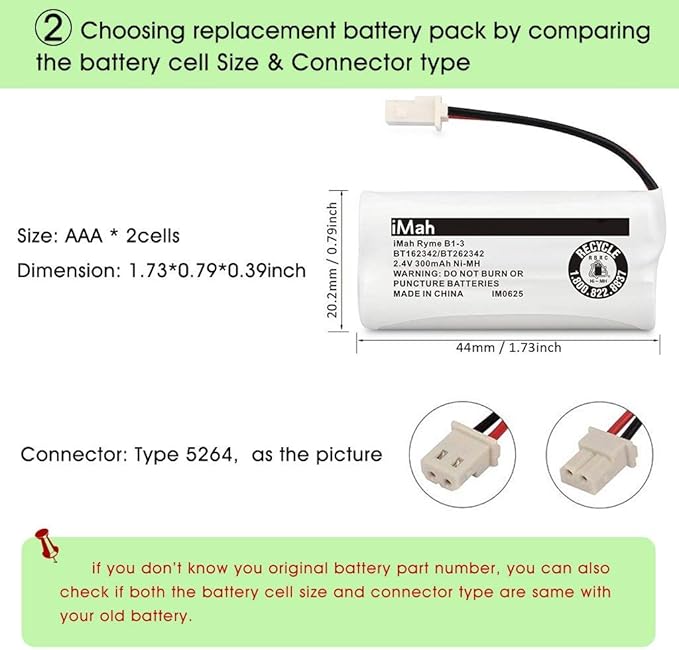 iMah BT162342 BT262342 Cordless Phone Batteries Compatible with BT183342 BT283342 BT166342 BT266342 VTech CS6114 CS6419 CS6719 AT&T EL52300 CL80111 Handset Telephone (Pack of 2)