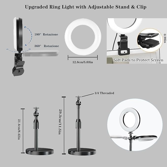 Desk Ring Light with Stand, Amcuke Ring Light with Clip 10W 3000K-6500K Dimmable Travel Desktop Light for Phone Selfie Laptop Zoom Video Makeup Vlog Tiktok Live Streaming