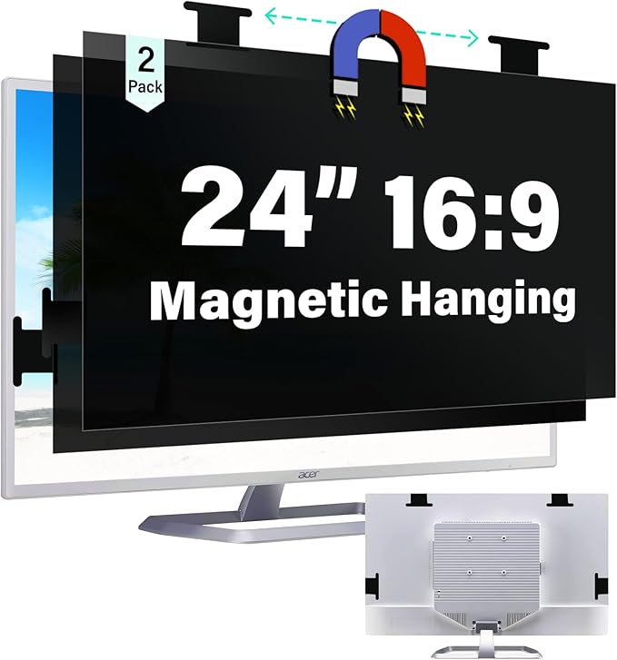 [2 Pack] Magnetic 24 Inch Computer Privacy Screen for 16:9 Aspect Ratio Widescreen Monitor, Hanging Eye Protection Anti Glare Blue Light Computer Monitor Privacy Filter, Removable 24 in Protector Film