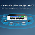 5 Port Gigabit Switch, Easy Smart Managed Ethernet Switch, Network Hub, Ethernet Splitter, Plug & Play, Fanless Metal Design, VLAN, Qos, Support PoE Powered, Desktop or Wall Mount