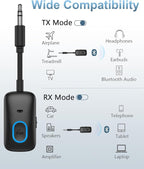 Upgraded Aux Bluetooth Adapter for Car, 2 in 1 Bluetooth 5.3 Transmitter Receiver, Hands-Free Calls, 180° Swivel Bend, Wireless Audio Receiver for Car, Speakers, Home Stereo