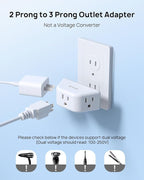 TROND 2 Prong to 3 Prong Outlet Adapter, 3-Way Angled Plug Extender with 3 AC Sockets, Wall Splitter for Non-Grounded Outlets in Old House, Cruise Essentials, White