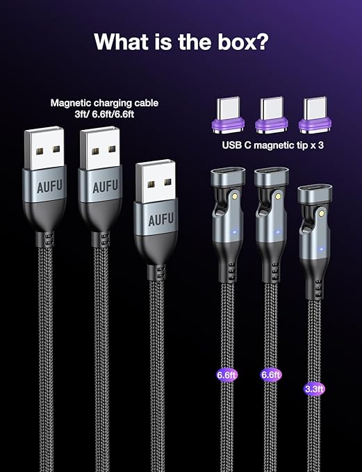 AUFU 16PIN USB C Magnetic Charging Cable (3Pack, 3.3/6.6/6.6ft), 180° Rotation Magnet Charger Cable/Magnetic USB C Cables/Magnet Phone Charger/Data Transfer Charging Cables for Phone/Tablet/Laptop