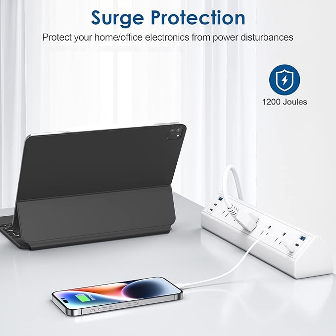 Desk Clamp Power Strip USB C,Under Desk Mount Power Station,20W Fast Charging,Fits 1.9'' Tabletop Edge,Desk Surge Protector,Perfect Home,Office Supplies (White, 5 Outlets & 6 USB Ports & 25 FT Cable)