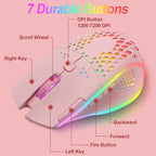 VEGCOO Wireless Gaming Mouse, C30 Silent Click Wireless Rechargeable Gaming Mouse with Double-Click Key and Colorful LED Lights, 3 Level Adjustable DPI for Gaming and Working (Pink)