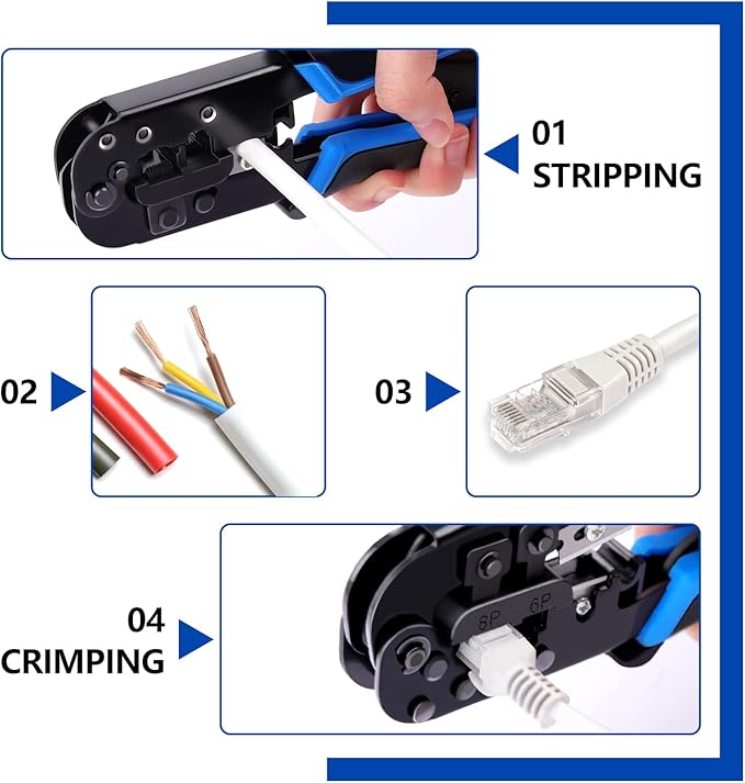 Delgada RJ45 Ethernet Crimping Tool kit,4in1 Professional Cutter Stripper Network Crimper for RJ-11,6P/RJ-12,8P/RJ-45 Crimp,with 20pcs Cat5 Cat5e RJ-45 Connectors-20PCS Covers-1 Network Wire Stripper