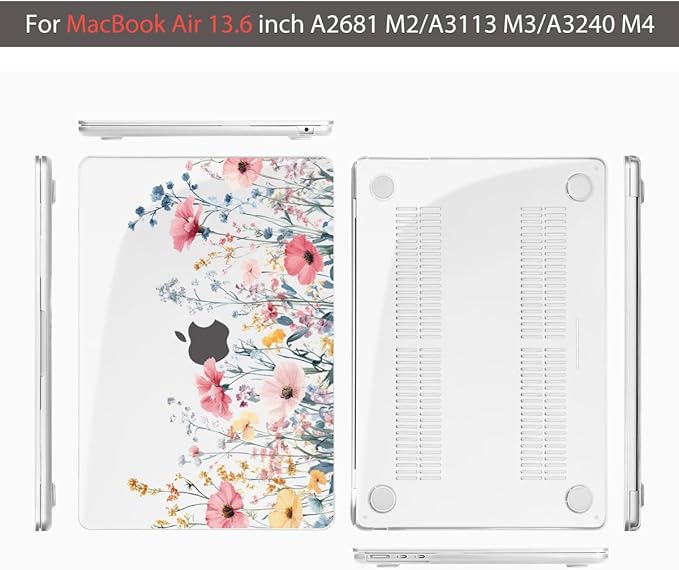 Teryeefi for MacBook Air 13.6 inch Case M4 A3240/M3 A3113/M2 A2681 (Released 2025 to 2022), Hard Shell + Keyboard Cover+ Screen Protector+Dustplug + Type-C Adapter, Wild Flowers A010