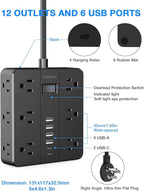 Flat Plug Power Strip Surge Protector, HUNIAN 5 Ft Extension Cord with 12 Widely Spaced Multiple Outlets 6 USB Charger (2 USB C Ports), Desk Charging Station for Home Office Supplies, Black