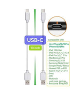 10-Pack Multi Short USB Cables & TypeC-C Cables for Charging Stations Compatible/w iPhone16/15, iPhone5-14/ iPads/iPad mini/iPad Pros/Samsung Moblies & Tablets/Pixel & Nexus/HTC/Sony(White)