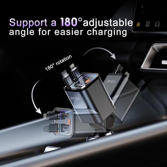 4 in 1 Retractable Car Charger for iPhone,69W USB-C Fast Car Charger,Cigarette Lighter Adapter,Fast Charging for iPhone 16/15/14/13/12/11 Pro Max,Galaxy,iPad,Pixel (USB-C&Light-ning) Alloy Black