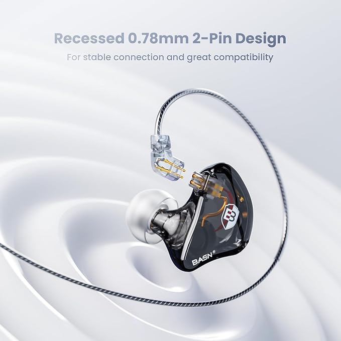 BASN Bsinger Professional in Ear Monitor Headphones, Dual Drivers 2-Pin IEM Earbuds with Mic, Clear Sound HiFi Earphones for Musicians Drummers and Stage (Black, 2-Pin)