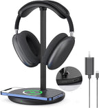 Miroddi Headphone Stand with Wireless Charger, Independent USB Charging Port, 5 in 1 Charging Station Headset Holder Rack for AirPods Max/Pro/4/3/2, iWatch, iPhone, Samsung and Desk Headphones, Black