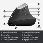 Logitech MX Vertical Wireless Mouse – Ergonomic Design Reduces Muscle Strain, Move Content Between 3 Windows and Apple Computers, Rechargeable, Graphite