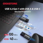 GIGASTONE 128GB Dual Flash Drive (2 Pack) Z40 USB 3.2 Gen 1, 2-in-1 Type-A & Type-C, 100MB/s Ultra Fast, Head Cap Design, Plug & Play for Smartphone/PC/Mac/TV/Car Audio, USB 2.0/3.0/3.1 Compatible