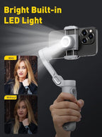 Gimbal Stabilizer for Smartphone with Face/Object Tracking for iPhone 15 14 Pro Max Android,3-Axis Foldable Phone Gimbal w/Built-in Light,1/4 Threads for TikTok YouTube Vlogging(Smart X Grey)