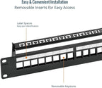 Tecmojo 24-Port Blank Keystone Patch Panel, 1U 19" Rackmount Housing with Cable Management Support Bar, Black