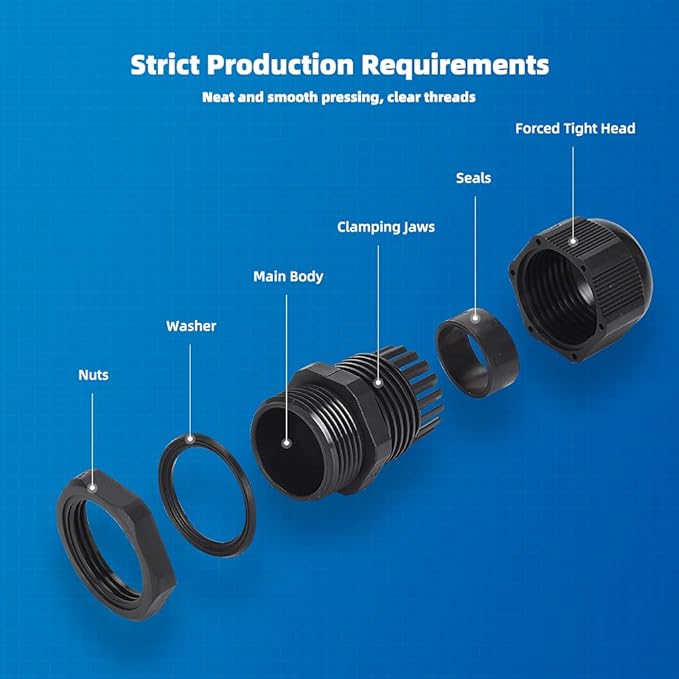 Cable Gland 20 Pack Plastic Waterproof Adjustable Connector 3-7mm PG7 Strain Relief Cord Connectors Joints Nylon with Gaskets