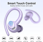 Wireless Earbuds Bluetooth 5.3 Headphones Sports, 48Hrs Playtime Bluetooth Earbuds with CVC 8.0 Mic, Stereo Bass Over Ear Bud with Earhooks, LED Display, IP7 Waterproof Earphon for Running Purple