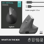 Logitech MX Vertical Wireless Mouse – Ergonomic Design Reduces Muscle Strain, Move Content Between 3 Windows and Apple Computers, Rechargeable, Graphite