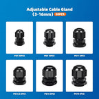 Nylon Cable Gland Kit, CGELE 50 Pack Plastic Waterproof Adjustable Connector 3-16mm Strain Relief Cord Connectors Joints Nylon with Gaskets PG7 PG9 PG11 PG13.5 PG16 PG19