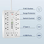 15 FT Flat Plug Surge Protector Power Strip,11 Multiple AC Outlets with 6 USB Ports (2 USB C), 15 Feet Extension Cord, 1250W/10A, One Touch Switch Button, White