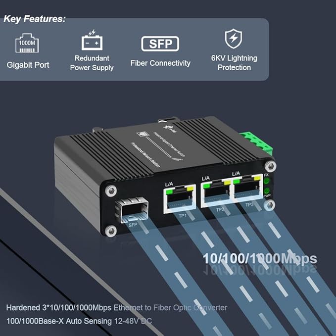 3 Port Hardened Industrial Gigabit Din Rail Switch,10/100/1000Mbps Ethernet Switch Din Rail 24V,8Gbps Switching Capacity,IP40 Rated Unmanaged Network Switch(-40~80°C)