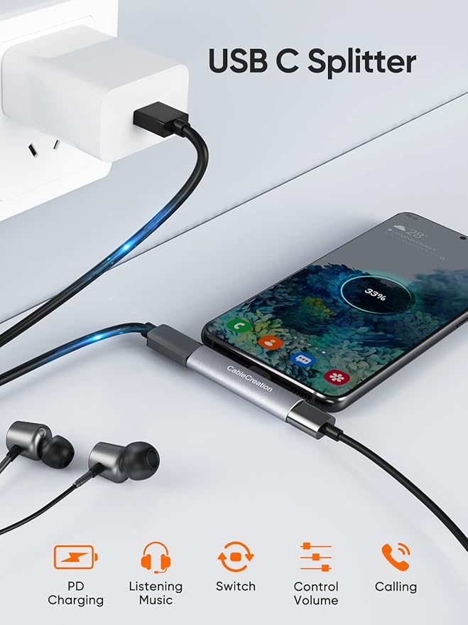 CableCreation USB C Splitter, 2-in-1 USB C Audio and PD Charging Adapter, Type C Aux Cord Compatible with New iPad Pro, MacBook, iPhone 16 15, Galaxy S9/S10/S20/S21 Ultra/S22/S23/S24, Pixel 9/8/7/6+