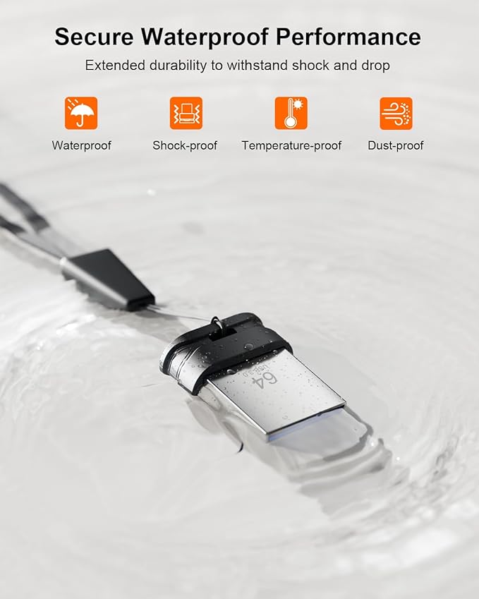 64GB USB 3.0 Flash Drive, Mini Thumb Drive Waterproof Memory Stick with Lanyard Hole Plug and Play Portable USB Stick Storage for Computer Laptop Smart TV, Black