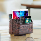 Fanousy 360° Rotating Remote Control Holder, PU Leather TV Remote Caddy Organizer Basket Storage Box with 5 Compartments for Pen, Pencil, Art Supplies, Makeup Brush, Office Desk Table Accessories