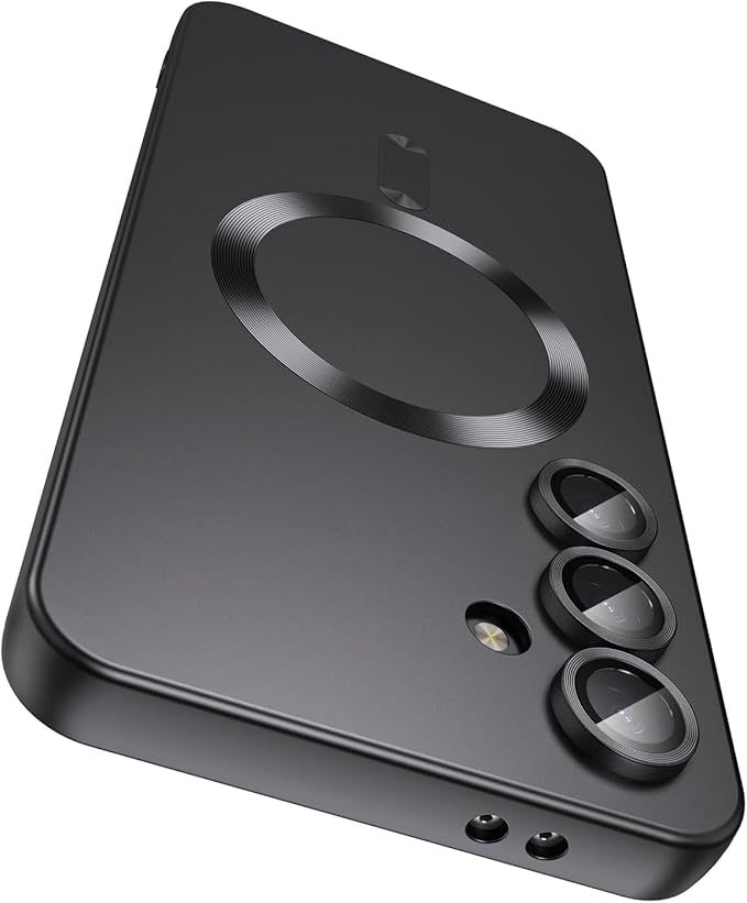 Magnetic for Samsung Galaxy S25 Plus Case [Compatible with MagSafe][Built-in Camera Lens Protector] Slim Soft Silicone Bumper Shockproof Metallic Luster Phone Shell (Black)