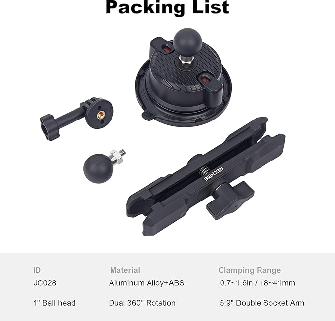 Camera Suction Cup Mount with Ball Head Magic Arm, Universal 360°Vacuum Suction Cup Mount for Action Cameras/GoPr0 Hero 13/DJI Osmo X4/Phone Holder on Car Windshield,Dashboard-Video Shooting,JC028