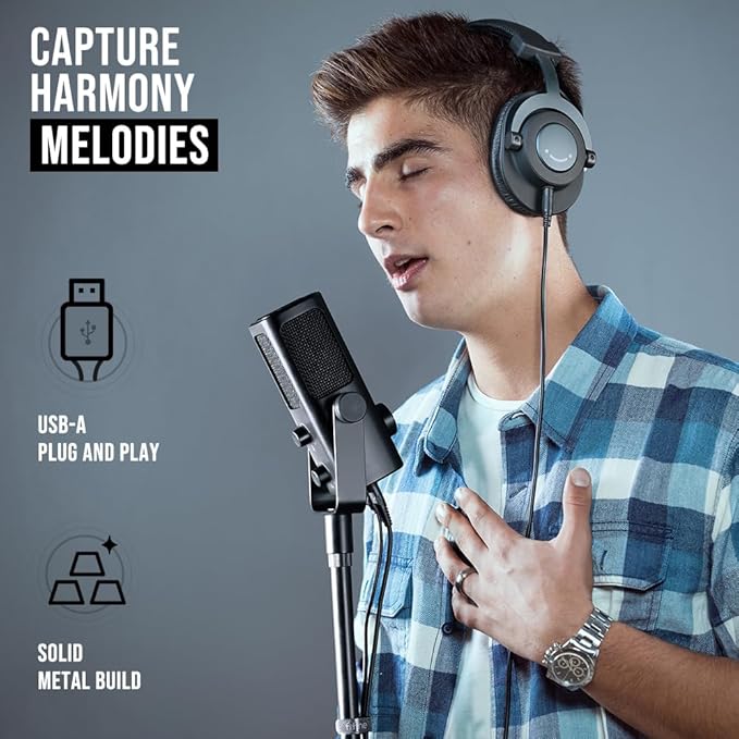 FIFINE USB-Podcast-Condenser-Microphone for Studio-Recording/Computer-Streaming, Desktop-Metal-Mic for YouTube Music Vocal Creation, with Monitor-Mix Volume-Control, Low-Cut Switch (PROFILE3)