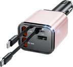 Retractable Car Charger, 4 in 1 Fast Car Phone Charger 69W, 2 Retractable Cables and 2 USB Port, Compatible with iPhone 16/15/14/13/12/11,Galaxy,Pixel