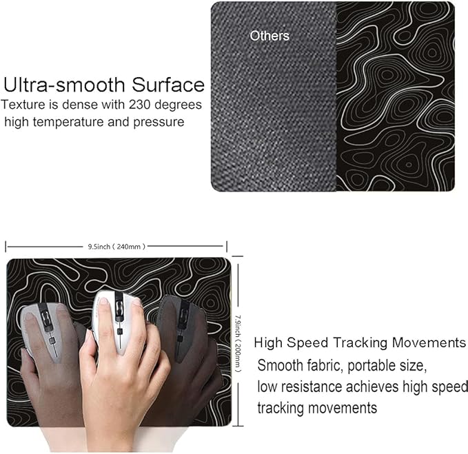 Topographic Contour Map Mouse Pad, Black Minimalist Mouse Mat Waterproof Non-Slip Rubber Base MousePads for Office Laptop Computer Desk