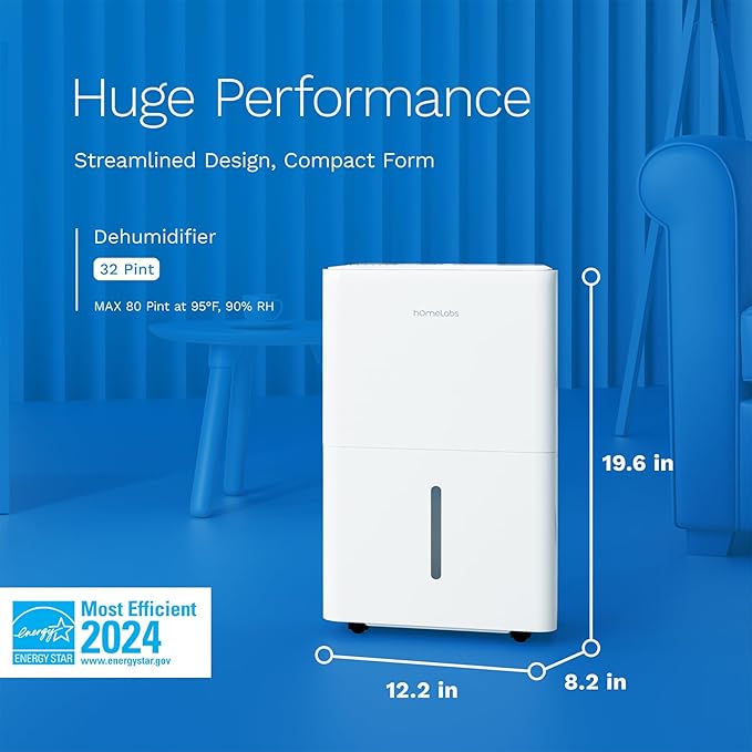 hOmeLabs 32 Pint Wi-Fi Dehumidifier for up to 4,500 Sq Ft Rooms (MAX 80 Pint at 95°F, 90% RH) – High-Efficiency Moisture Removal with Auto Shut-Off and Quiet, Portable Operation
