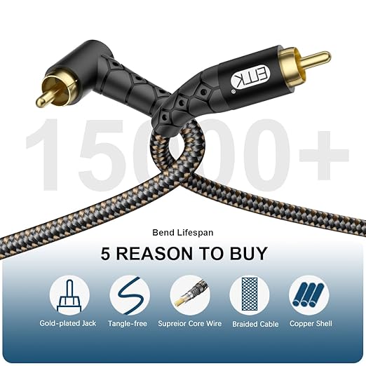 EMK 90 Degree RCA Subwoofer Cable 24K Gold-Plated Connector Nylon Braided Double Shielded – Support Digital & Analog Signals for Amplifier, Home Theater, Hi-Fi System,Subwoofer Black/25ft/8m