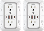 2 Pack Outlet Extender Surge Protector, 6 Outlet Splitter with 4 USB Outlet (2 USB A,2 USB C), 3Sided Power Strip with Adapter Spaced Outlets for Home, Office, Travel(White)