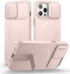 SURITCH for iPhone 13 Pro Max/12 Pro Max Case with Magnetic Camera Slide Cover and Adjustable Kickstand, Compatible with MagSafe, Shockproof Bumper Case Slim Protective Cover 6.7 Inch, Pink