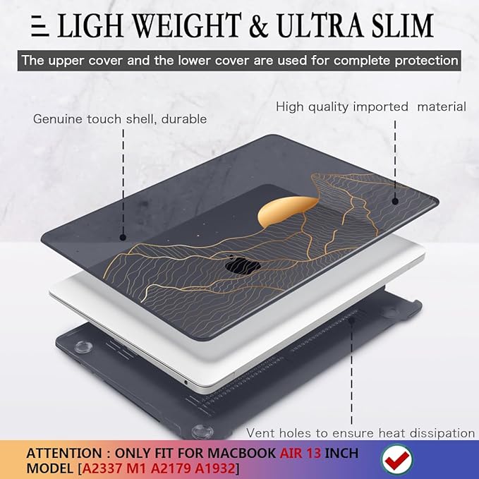CISSOOK Compatible with MacBook Air 13 Inch M1 Case 2022 2021-2018 Release A2337 A2179 A1932, Crystal Black Plastic Hard Shell Case Cover for MacBook Air 13" with Touch ID, Sun & Mountain