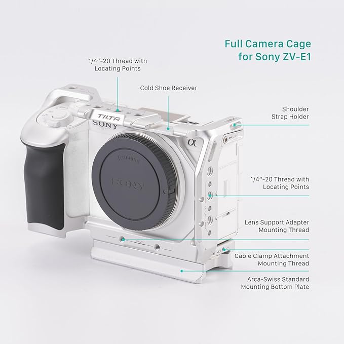 Tilta Full Camera Cage for ZV-E1 | Cold Shoe, NATO Rail, M3 and 1/4"-20 Threads Mounts | Silver