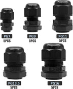 25 Pcs Nylon Cable Glands, PG7 PG9 PG11 PG13.5 PG16 Strain Relief Cable Cord Connector IP68 Waterproof Junction Box Wire Protectors Adjustable for 3-13mm Cable Diameter