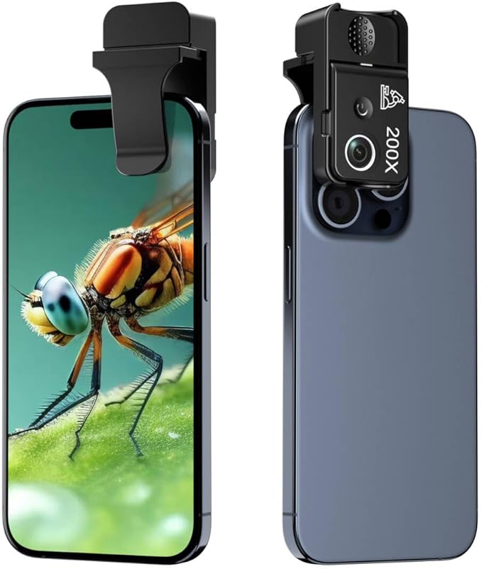 Phone Microscope 200X Pocket Magnifier Camera with CPL Lens/Lights, Zoom Universal Portable Phone Microscope with Clip for 99% Phone, Perfect for Coin/Stamp/Plant Inspection