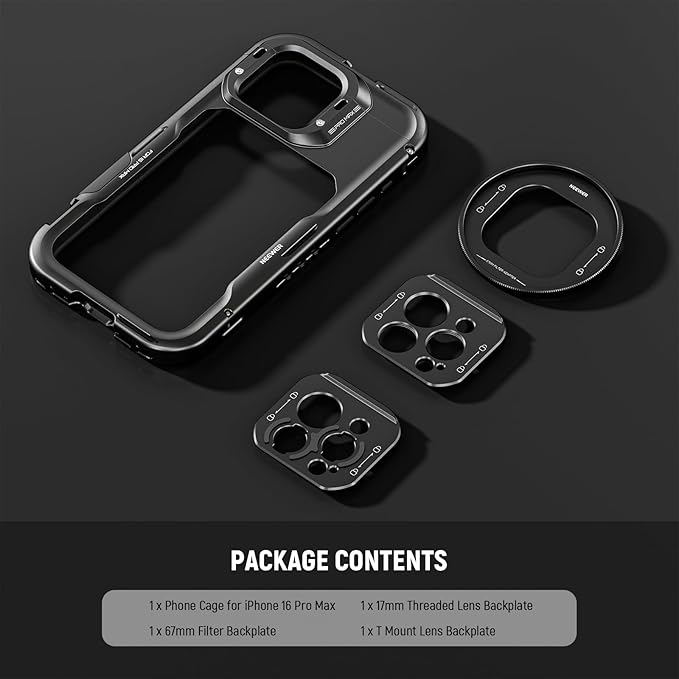 NEEWER 16 Pro Max Cage, Quick Release Video Rig Phone Stabilizer Compatible with iPhone 16 Pro Max with 67mm Filter Adapter, 17mm Lens Backplate, T Mount Lens Adapter Compatible with Moment, PA074