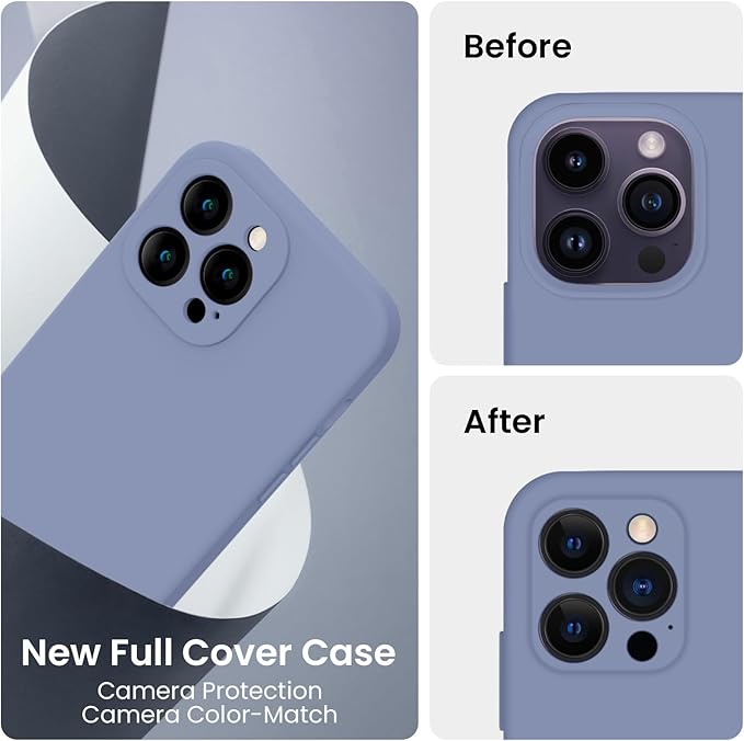 FireNova for iPhone 14 Pro Case, Silicone Upgraded [Camera Protection] Phone Case with [2 Screen Protectors], Soft Anti-Scratch Microfiber Lining Inside, 6.1 inch, Lavender Gray