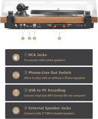 Record Player Vinyl Bluetooth Turntable with 36 Watt Stereo Bookshelf Speakers, Hi-Fi System with Magnetic Cartridge, USB Recording and Auto Stop