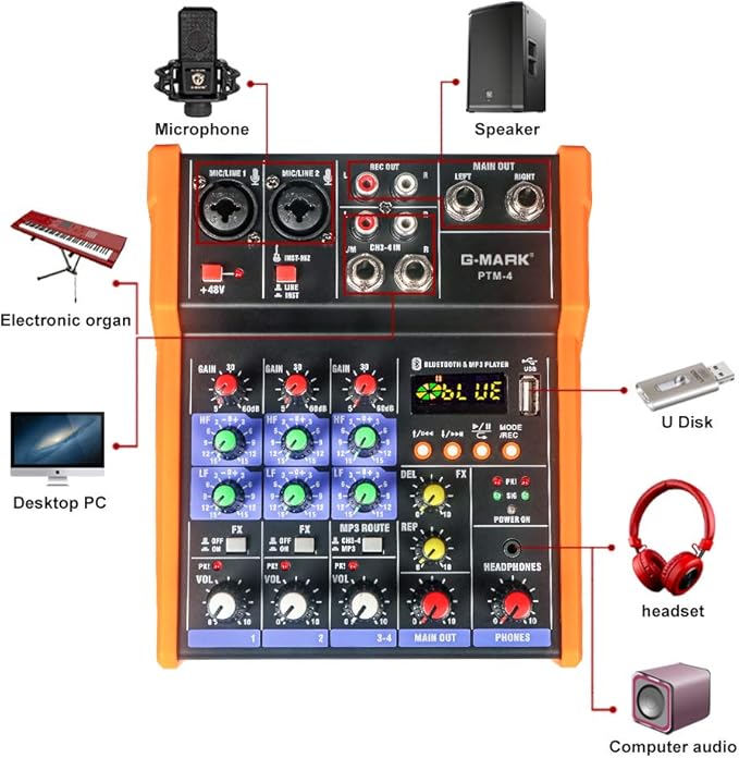 G-MARK Analog Mixer Audio 4 Channel DJ Audio Mixer Bluetooth Studio Karaoke For PC Live Performance KTV Home Stage Music Effects Sound Card Protable Mixing Console