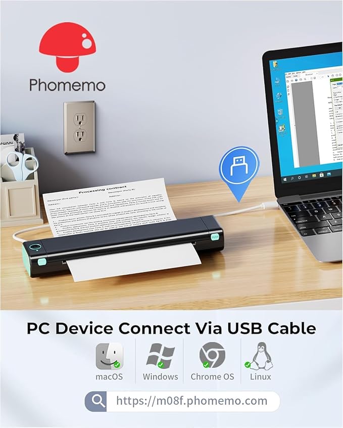 Phomemo Portable Printers Wireless for Travel, M08F Inkless Thermal Printer Support for 8.5"x11" US Letter, Small Bluetooth Printer Compatible with Phone, Laptop for Car, Office, Home Use, School