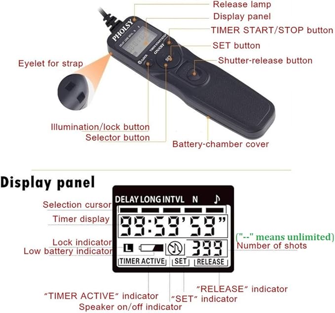 PHOLSY N10 Timer Remote Control Cable with Intervalometer for Nikon Z5, Z7-II, Z6, Z6-II, D750, D780, D7500, D7200, D7000, D5600, D5500, D5300, D3300, D610, D90, P7700, P7800, P950, Replaces MC-DC2